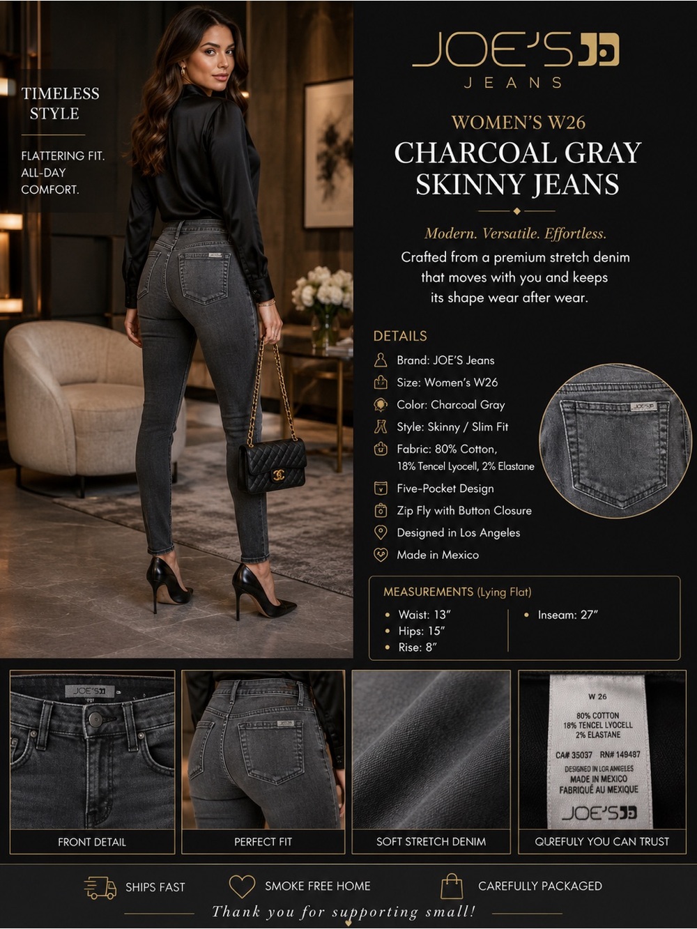 Joe's Jeans Charcoal Gray Skinny Jeans - Women's W26